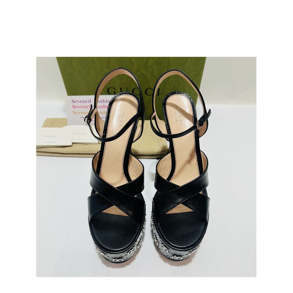 NIB Gucci Janaya Black Platform Slingback Sandals 40.5 US 10.5 GG Studded Heels - Picture 6 of 16